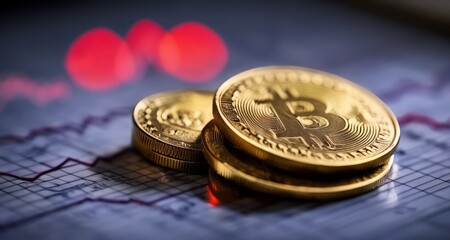  Bitcoin's volatile market journey, symbolized by fluctuating charts and gleaming coins