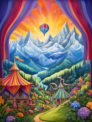 Vibrant Carnival Midways Mountain Landscape Art: Fair near Peaks Backdrop