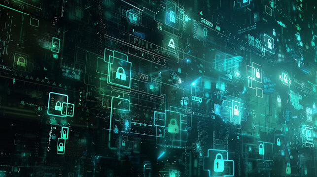 A depiction of a sophisticated hack happening in a digital world with a multitude of lock symbols symbolizing a high security system The artwork should create a unique atmosphere of intrigue and