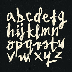 Fototapeta na wymiar Vector handwritten calligraphic ink alphabet, white on black background. Hand drawn alphabet written with brush pen. Minuscula – small letters.