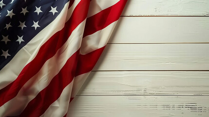 

American flag on white wooden background with space for writing. 