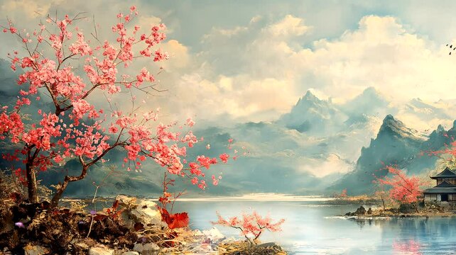 Lake in the mountains with cherry blossom tree. Seamless looping time-lapse 4k video animation background