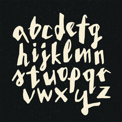 Vector handwritten calligraphic ink alphabet, white on black background. Hand drawn alphabet written with brush pen. Minuscula – small letters.