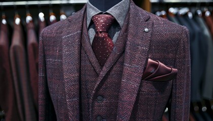 Burgundy men s suit on mannequin in modern boutique with space for text placement