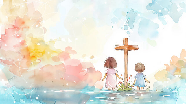 Two little children next to a cross with specks of color around them. A cute illustration for Christian narrative. 