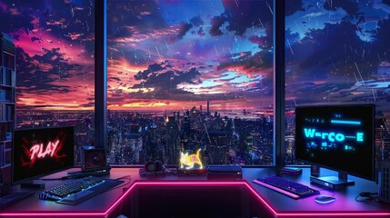 Rainy city office with neon and animated screens holographic cat skyline Play Welcome displays sunset twilight dusk for OBS livestream overlays 4k Video