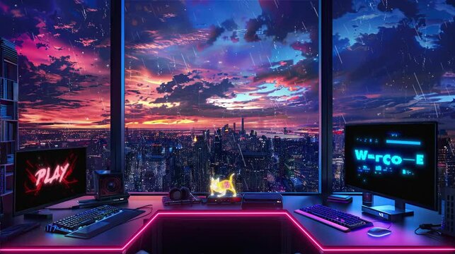 Rainy city office with neon and animated screens holographic cat skyline Play Welcome displays sunset twilight dusk for OBS livestream overlays 4k Video