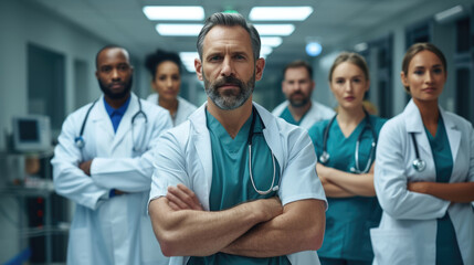 Group of doctors diverse team of healthcare workers stands resolute in a hospital corridor, arms folded, exuding confidence and experience, team of nurses and medical, patient care, medical unity