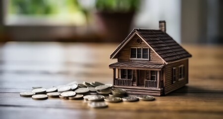  A miniature wooden house on a pile of coins, symbolizing wealth or savings