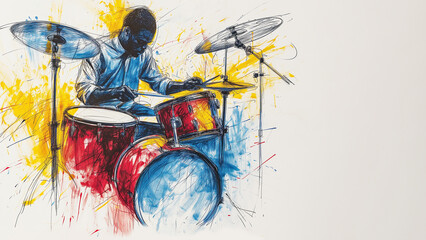 Drums player, drawing on gray background with colour splash, copy space, great for any kind of music banner, 16:9 - obrazy, fototapety, plakaty