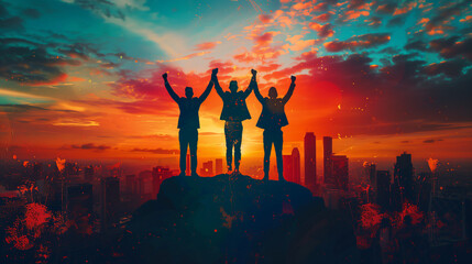 Illustration of three jubilant businessmen with raised fists, celebrating success with confetti against a cityscape backdrop. - obrazy, fototapety, plakaty