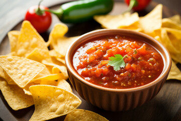 Red tomato spicy salsa with chips served with corn tortilla chips - obrazy, fototapety, plakaty