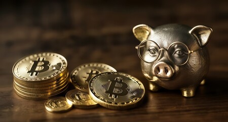  Crypto piggy bank with Bitcoin coins, symbolizing wealth and digital currency