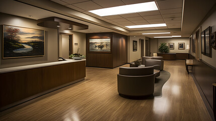 The hospital corridor and clinic reception are skillfully crafted with perfect composition and lighting, creating a blurred background for enhanced depth and atmosphere.