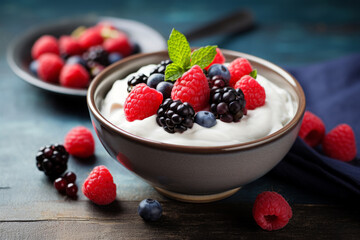 Greek yogurt bowl with berries, plain whole milk yogurt, healthy snack - 742136363