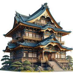 Wooden Japanese Temple in Light Blue tan Color Isolated in Transparent Background