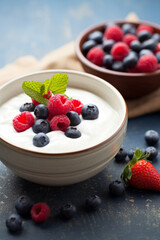 Greek yogurt bowl with berries, plain whole milk yogurt, healthy snack - 742136588