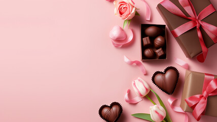 Hearts, chocolates and confetti on pink background