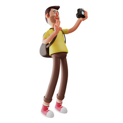  3D illustration. 3D photographer character posing in front of the camera. wearing a bag on his shoulder. showing a funny laughing expression. 3D Cartoon Character