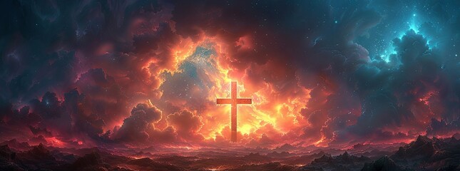 cross christian backgrounds, inspirational cross christian wallpaper, in the style of digital painting and drawing, luminous landscape painting, colorful cartoon. Generative AI.