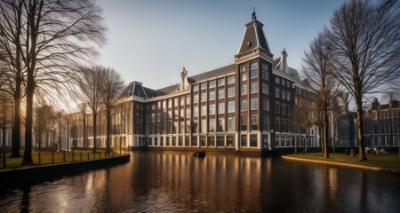 Fototapeta premium Elegant waterside architecture, serene reflection