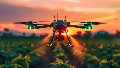 Smart farming drone spraying pesticides on lush green field, advanced agricultural technologies - obrazy, fototapety, plakaty
