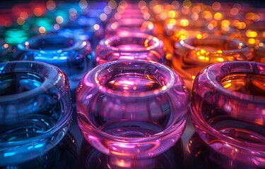 glowing ring in darkness, in the style of colorful biomorphic forms, illusion of three-dimensionality, realistic still lifes with dramatic lighting, light magenta, crossed colors. Generative AI