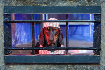 Portrait of dachshund dog, prisoner in striped robe, looks doomedly out window with metal grill, punishment, retribution for prank Pet sitting in prison, remorse, lonely guilty look Dog catching, cage
