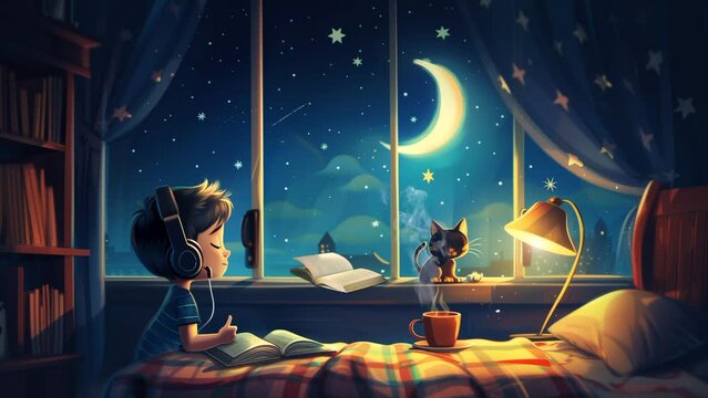 view of a child is reading book in bedroom. seamless looping 4k time lapse, animation video background