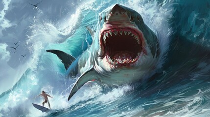 Shark with big teeth and open mouth attacks surfers 