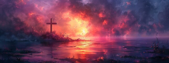 cross christian backgrounds, inspirational cross christian wallpaper, in the style of digital painting and drawing, luminous landscape painting, colorful cartoon. Generative AI. - obrazy, fototapety, plakaty