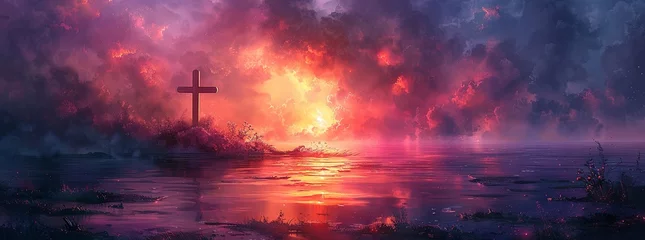 Rolgordijnen cross christian backgrounds, inspirational cross christian wallpaper, in the style of digital painting and drawing, luminous landscape painting, colorful cartoon. Generative AI. © Skiffcha