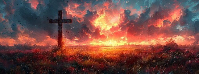 cross christian backgrounds, inspirational cross christian wallpaper, in the style of digital painting and drawing, luminous landscape painting, colorful cartoon. Generative AI.