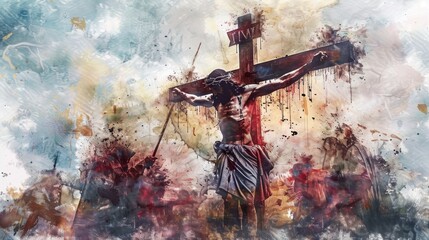 Jesus Christ crucified on the cross in watercolor in high resolution and high quality - obrazy, fototapety, plakaty