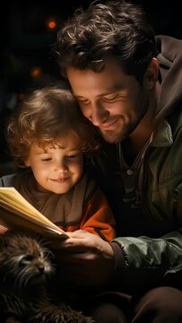 9:16 Father reads a story to his child before bedtime. Expressing love on Father's Day.