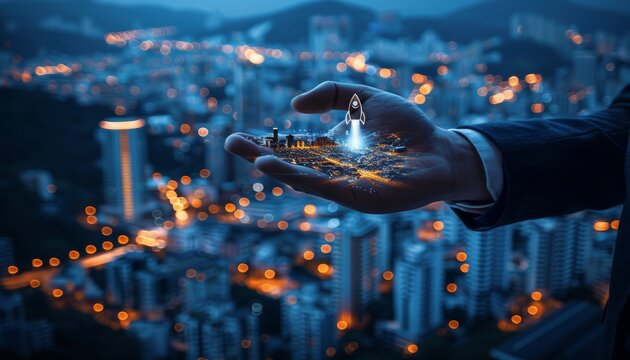 Successful businessman launching rocket for rapid growth and startup success, with copy space