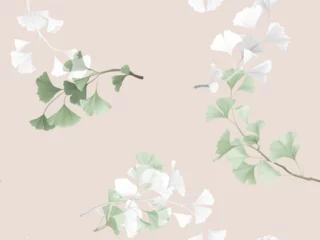 Fototapeten Seamless pattern, green and white ginkgo leaves on light brown background © momosama