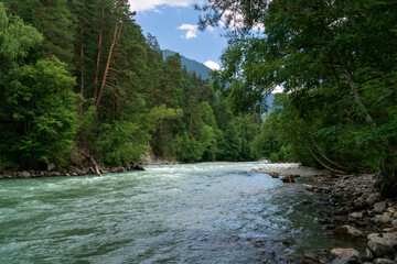 View of the Bolshoy Zelenchuk River in the northern foothills of the Caucasus Mountains near the...