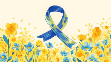 Growing Flowers in a clearing and a blue-yellow ribbon are the symbol of World Down Syndrome Day