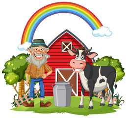 Cheerful farmer standing next to a cow and barn.