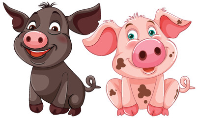 Two happy pigs illustrated in vibrant colors