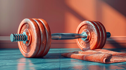 Fitness Ready: Barbell and Towel on Steel Blue - obrazy, fototapety, plakaty