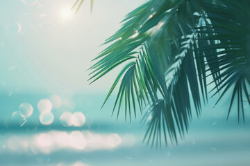 Fototapeta na wymiar Blur beautiful nature green palm leaf on tropical beach with bokeh sun light wave abstract background. Copy space of summer vacation and business travel concept. Vintage tone filter effect color style