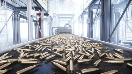 Bullet production, factory. Production line. War concept. 3d rendering