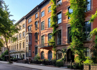 Block of historic old apartment buildings on 9th Street in the Greenwich Village neighborhood of New York City - 742148761