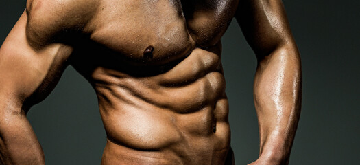 Protein supplements. Muscles for actions. Torso and six packs, attractive naked male body. Muscular...