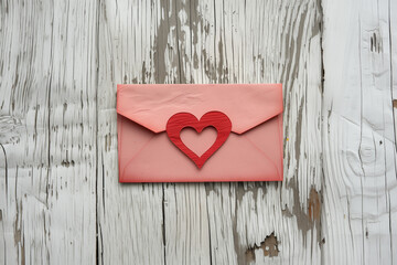 pink envelope with red heart cutout on white textured on wooden background
