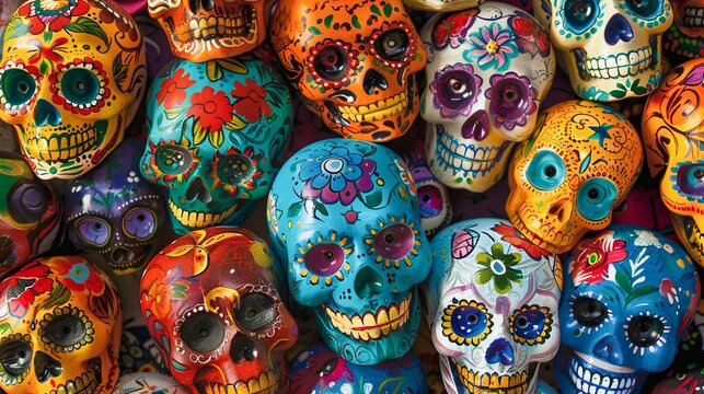 Vibrant Sugar Skulls Celebrate Mexican Day of the Dead. Generative ai