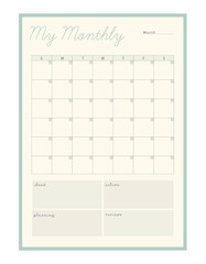 Monthly Planner. (Happiness) Vector Print template.	