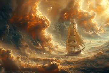 Illustration of a Sailboat Sailing into the Unknown, Cosmic Journey, Unknowable Future Concept. Generative AI.